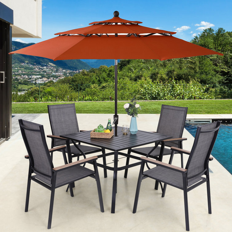 Wayfair outdoor table and store chairs with umbrella